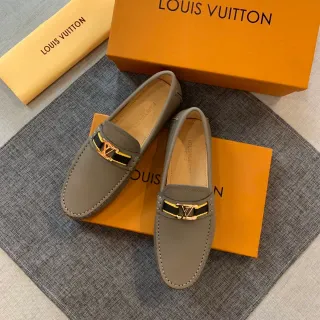 Louis Vuitton Mocassim Cinza Preto Couro Metal Fivela LV Cinto Mocassim
