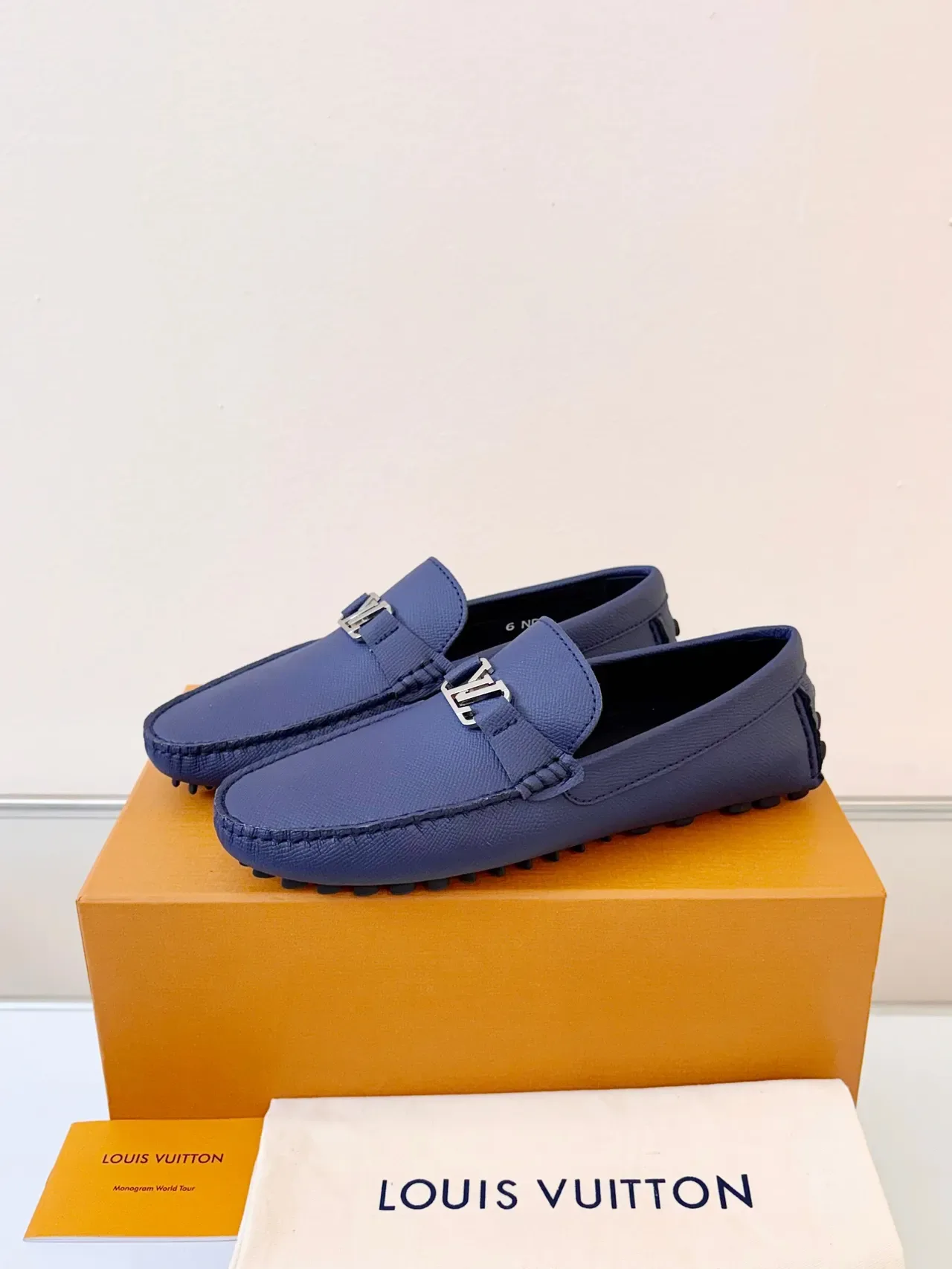 Louis Vuitton Loafer Navy Blue Pebbled Leather LV Buckle Slip-On Loafers 2