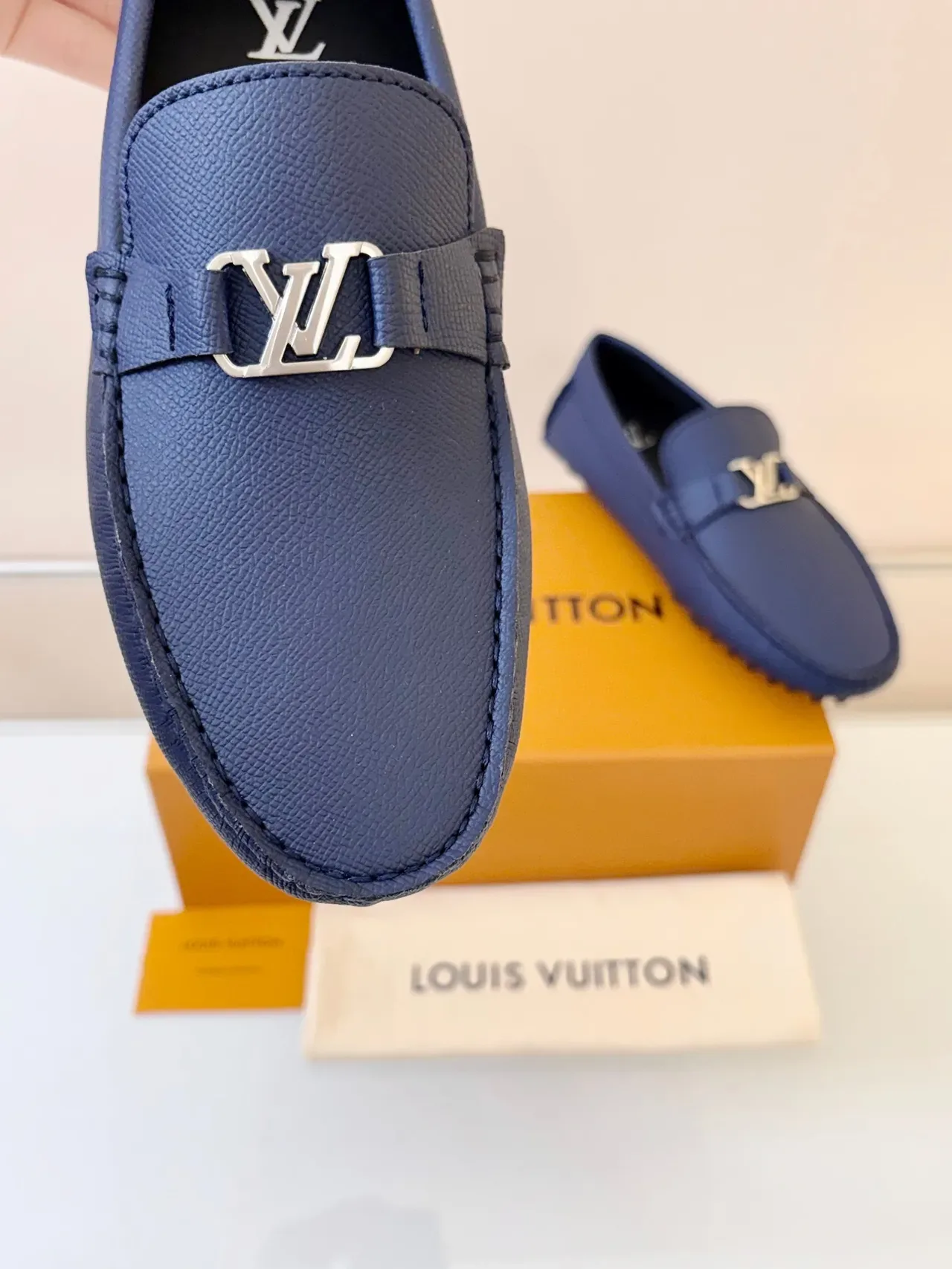 Louis Vuitton Loafer Navy Blue Pebbled Leather LV Buckle Slip-On Loafers 3