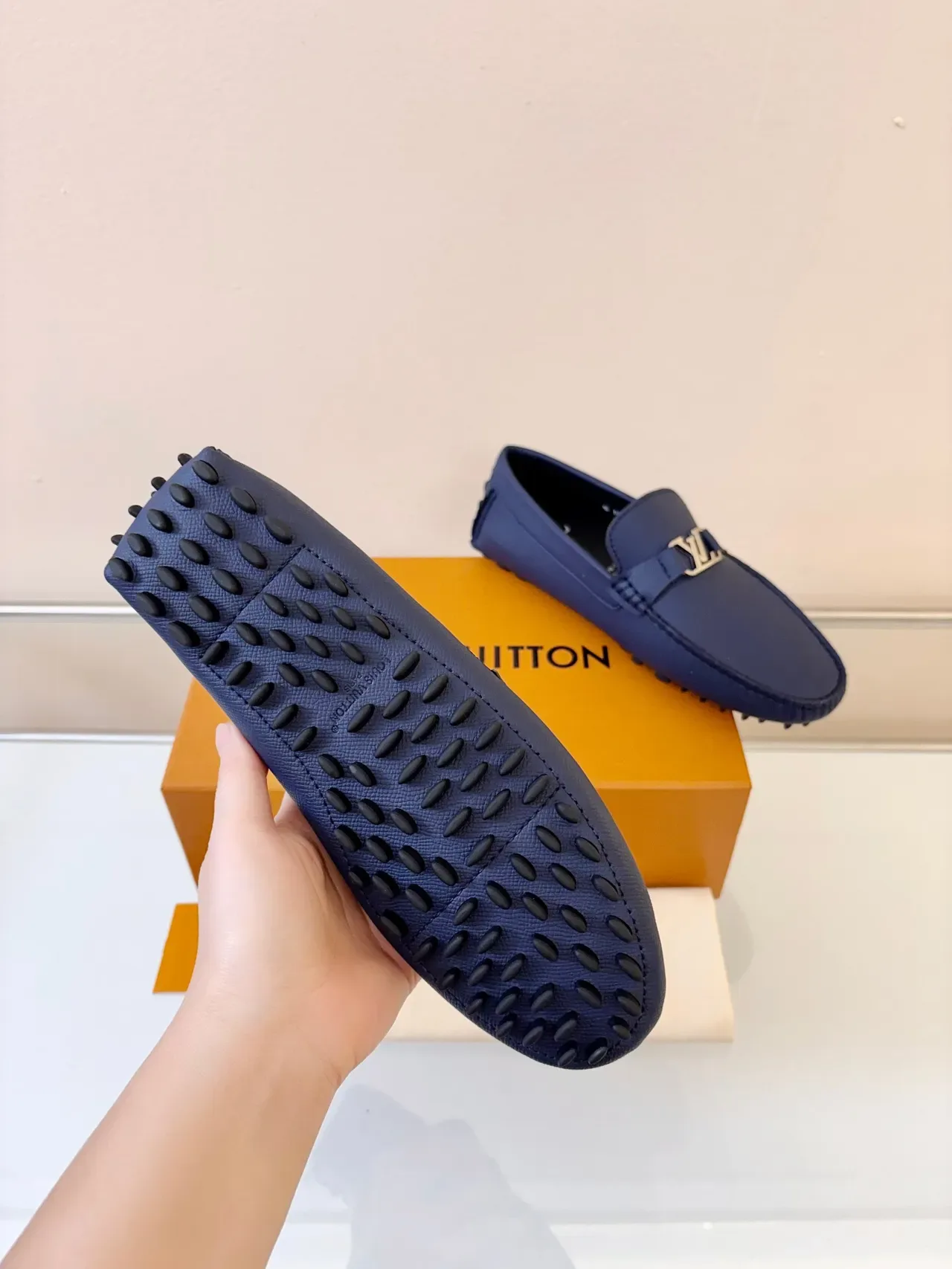 Louis Vuitton Loafer Navy Blue Pebbled Leather LV Buckle Slip-On Loafers 5