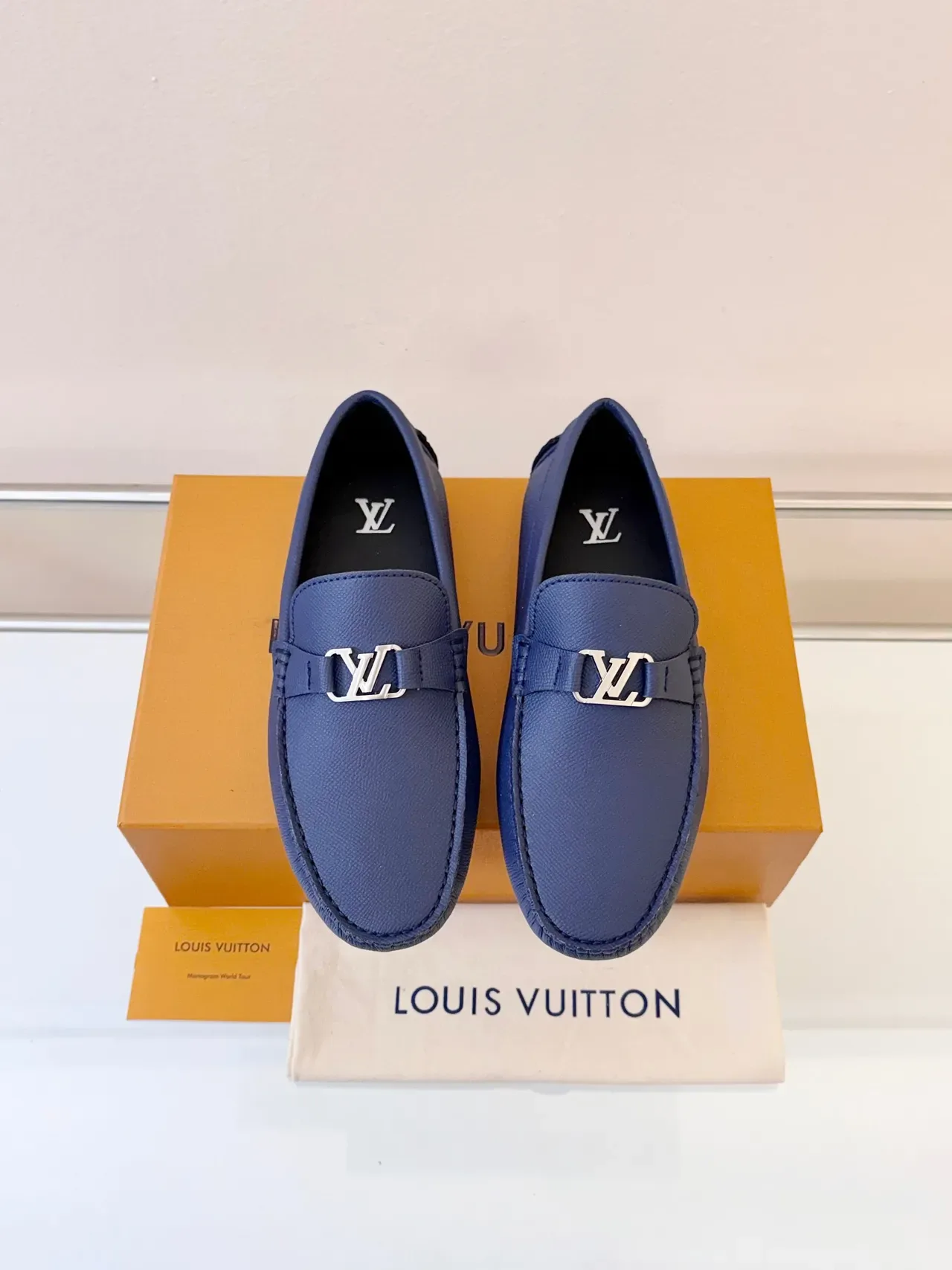 Louis Vuitton Loafer Navy Blue Pebbled Leather LV Buckle Slip-On Loafers 6