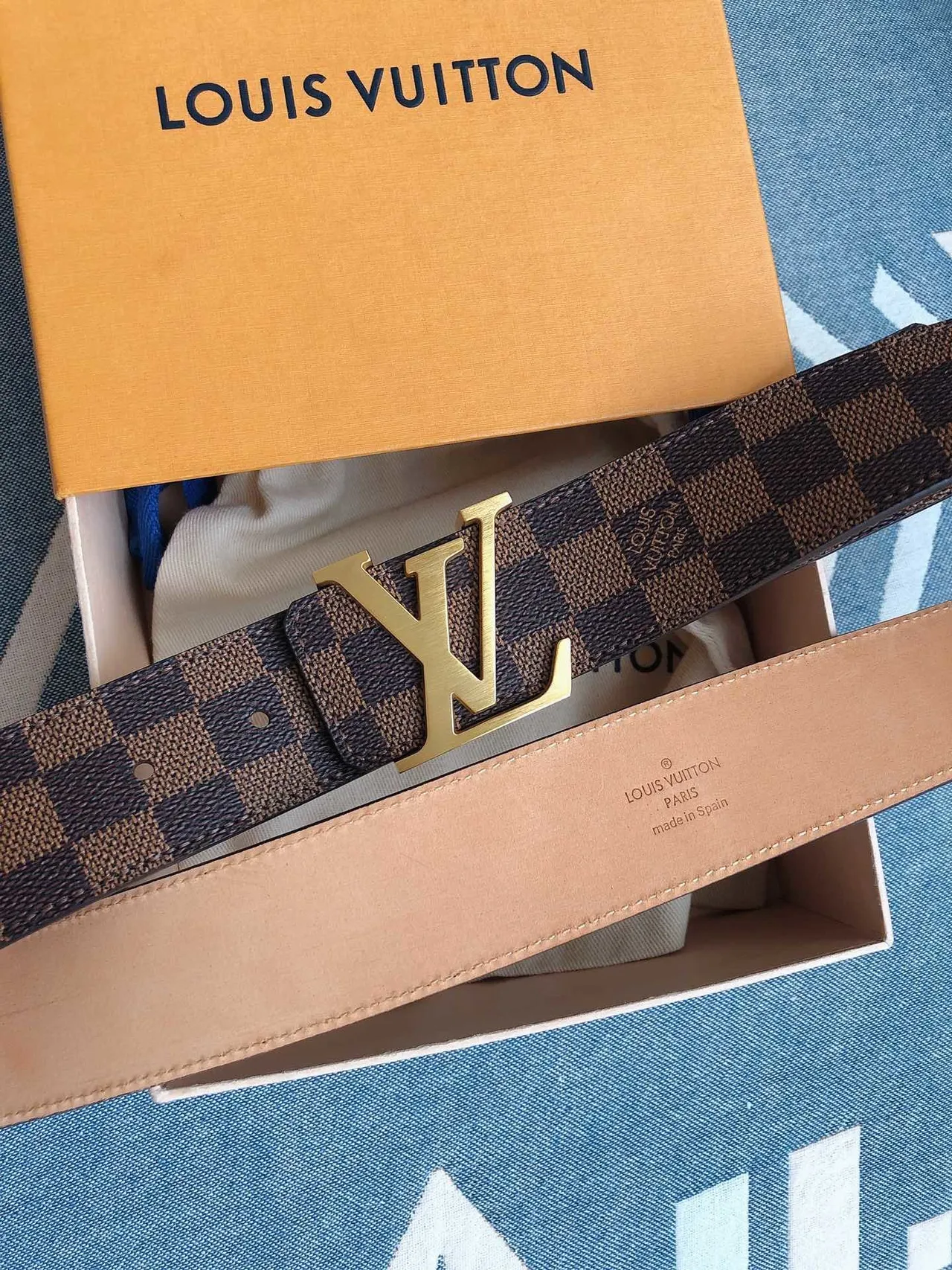 Ceinture Louis Vuitton LV Damier Check Marron Doré Cuir 2