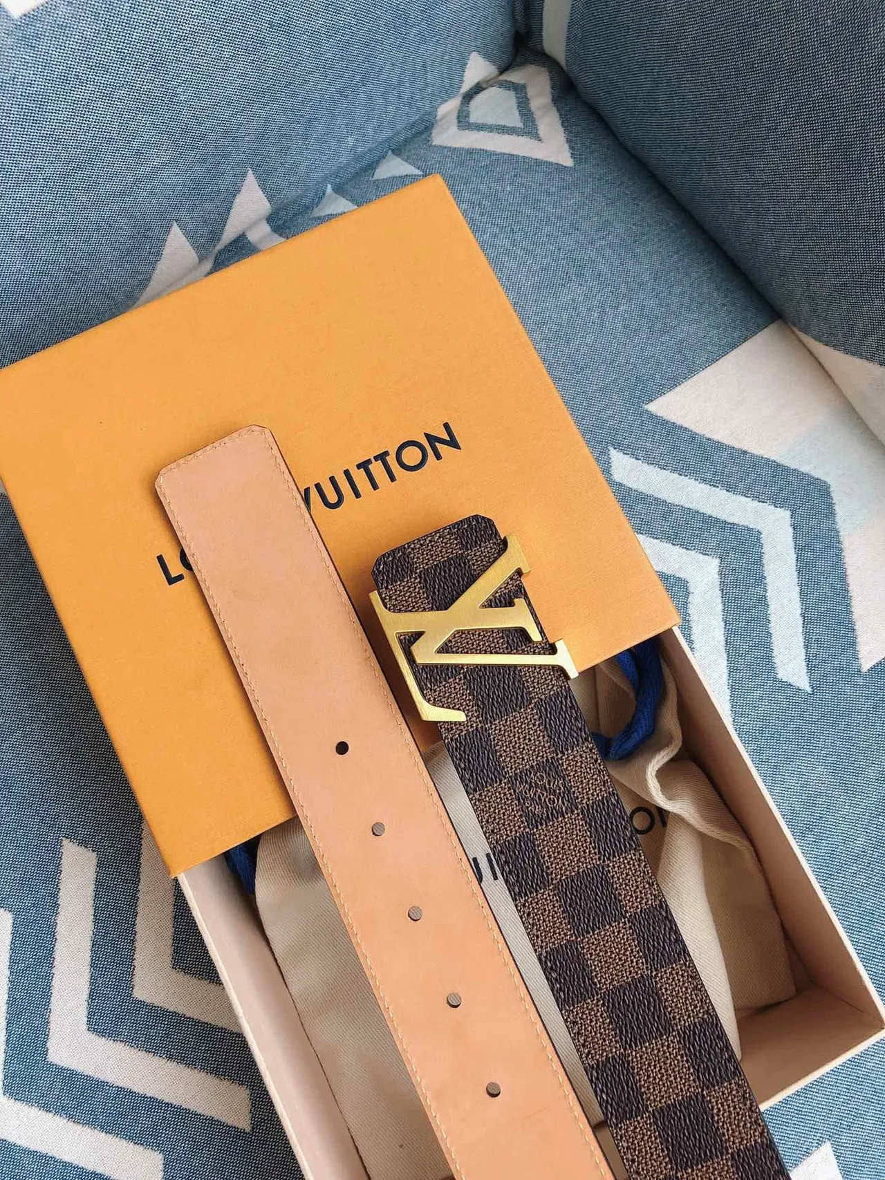 Ceinture Louis Vuitton LV Damier Check Marron Doré Cuir 4