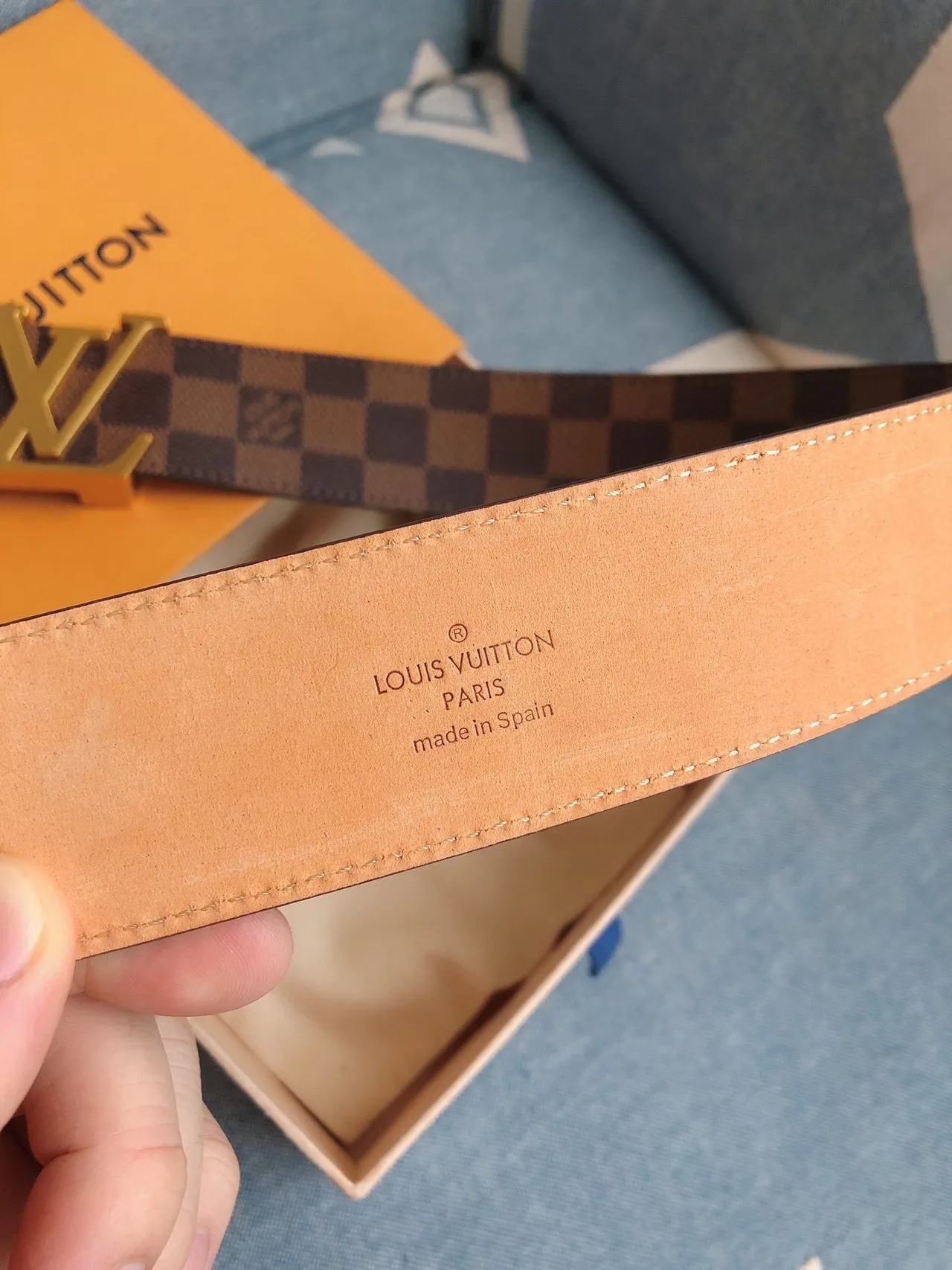 Ceinture Louis Vuitton LV Damier Check Marron Doré Cuir 5