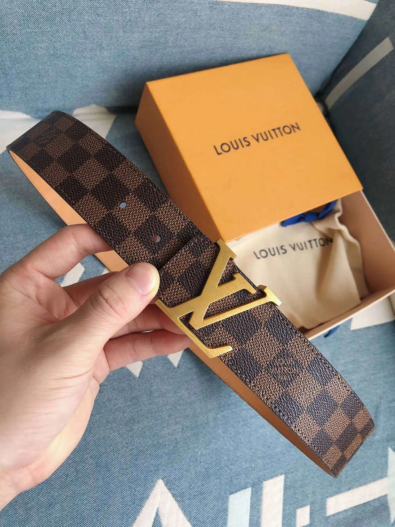 Ceinture Louis Vuitton LV Damier Check Marron Doré Cuir 8