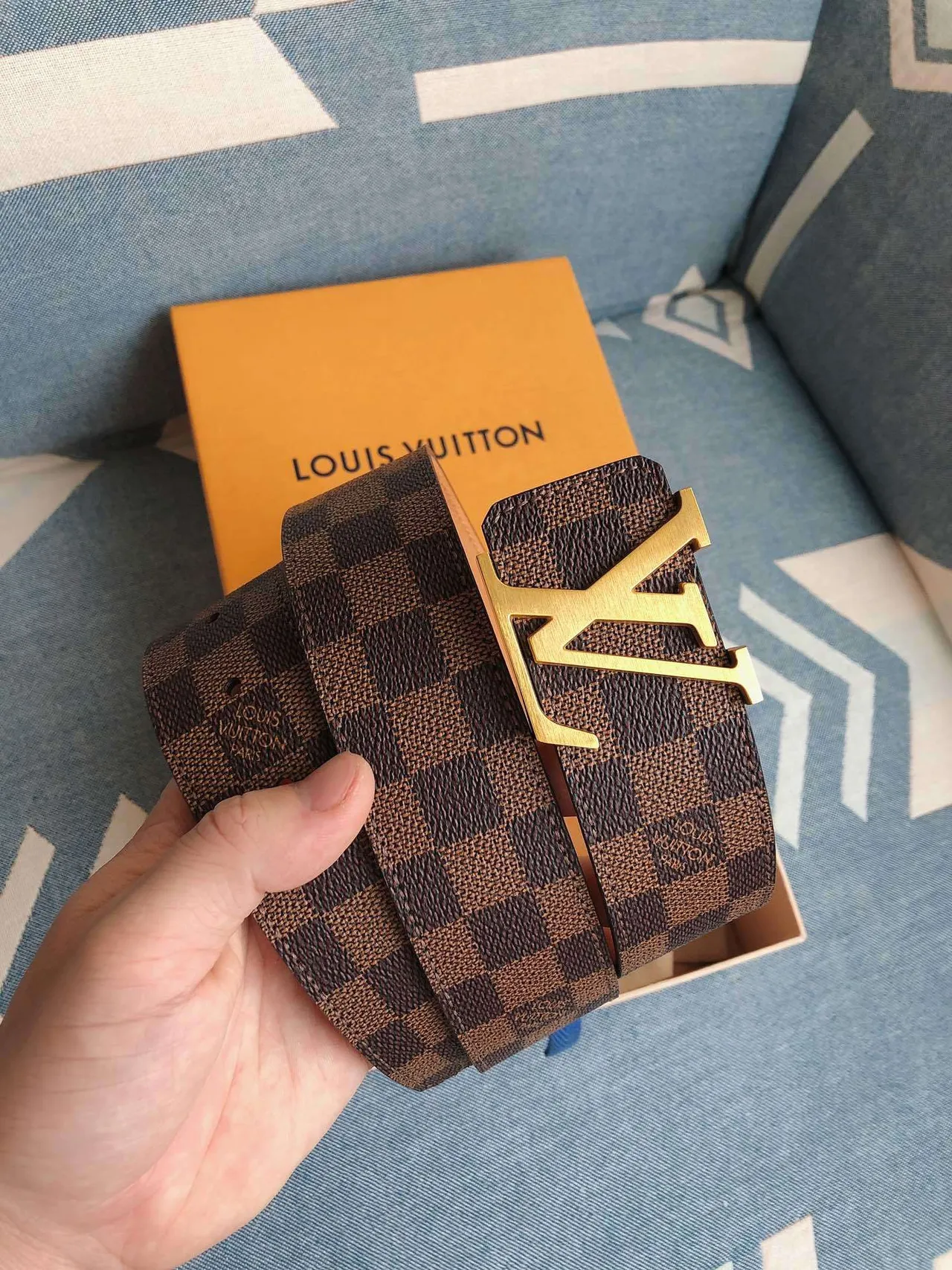 Ceinture Louis Vuitton LV Damier Check Marron Doré Cuir 9