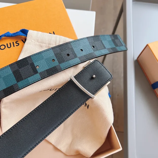 Louis Vuitton LV Belt Twist Buckle Black and Blue Checkerboard Leather Belt 2