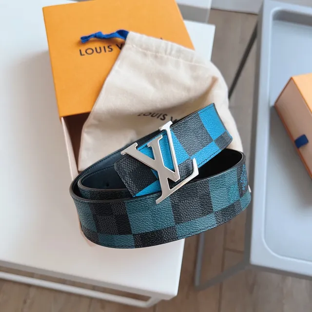 Louis Vuitton LV Belt Twist Buckle Black and Blue Checkerboard Leather Belt 3