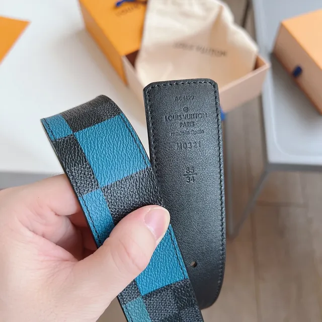 Louis Vuitton LV Belt Twist Buckle Black and Blue Checkerboard Leather Belt 4