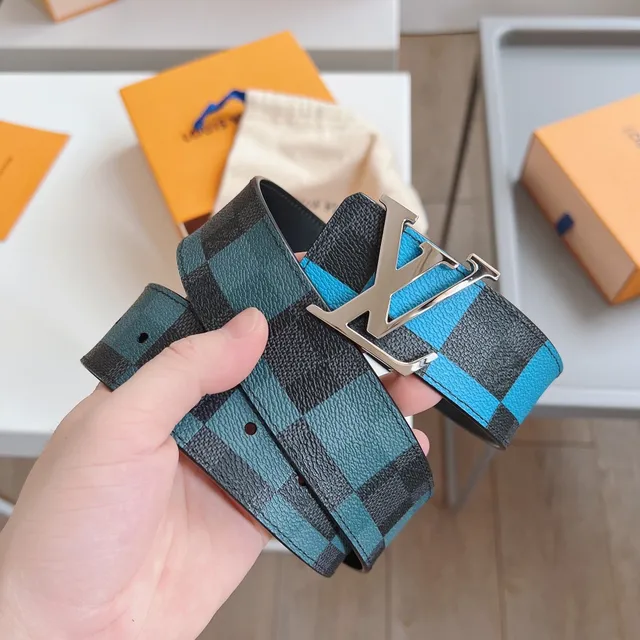 Louis Vuitton LV Belt Twist Buckle Black and Blue Checkerboard Leather Belt 8