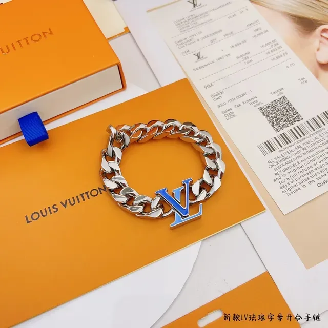 Louis Vuitton LV Chain Bracelet Silver Blue Curb-Link Enamel Logo Bracelet 6