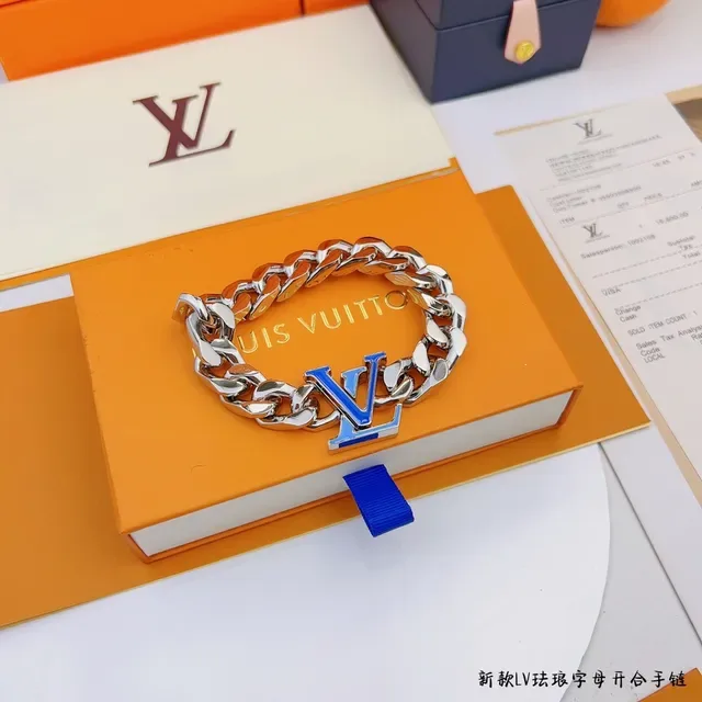 Louis Vuitton LV Chain Bracelet Silver Blue Curb-Link Enamel Logo Bracelet 7