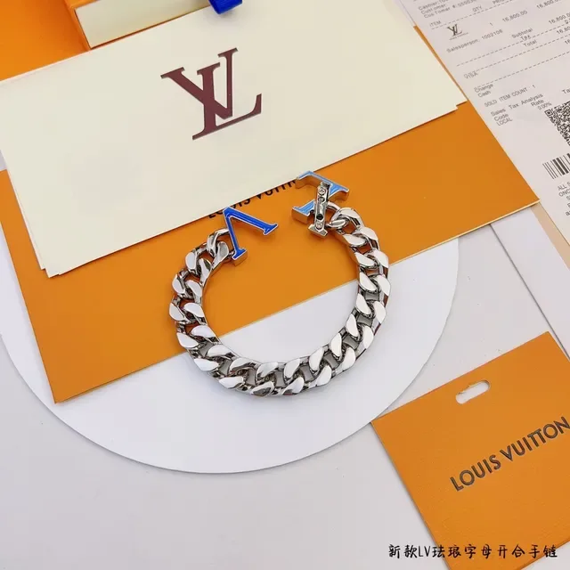 Louis Vuitton LV Chain Bracelet Silver Blue Curb-Link Enamel Logo Bracelet 8