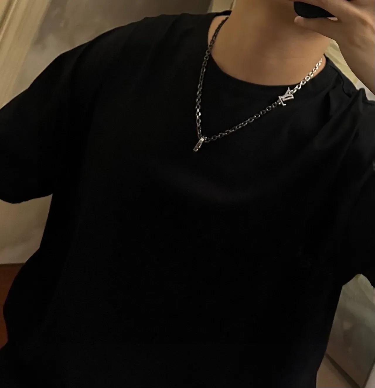 Louis Vuitton LV Chain Necklace Silver Black Curb Interlocking Monogram Pendant Necklace 2