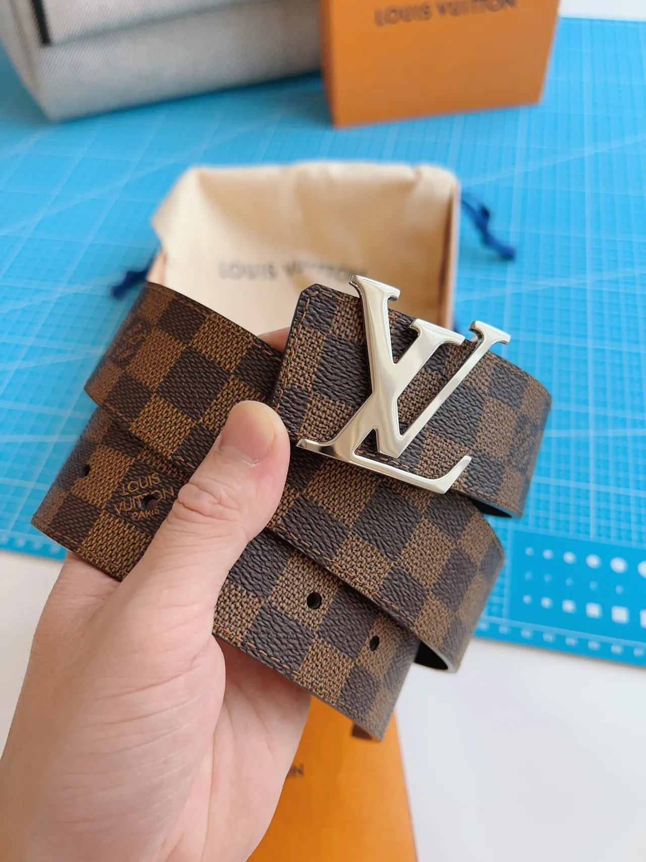 Louis Vuitton LV Initiales Belt Damier Canvas Brown Beige Leather Belt 4
