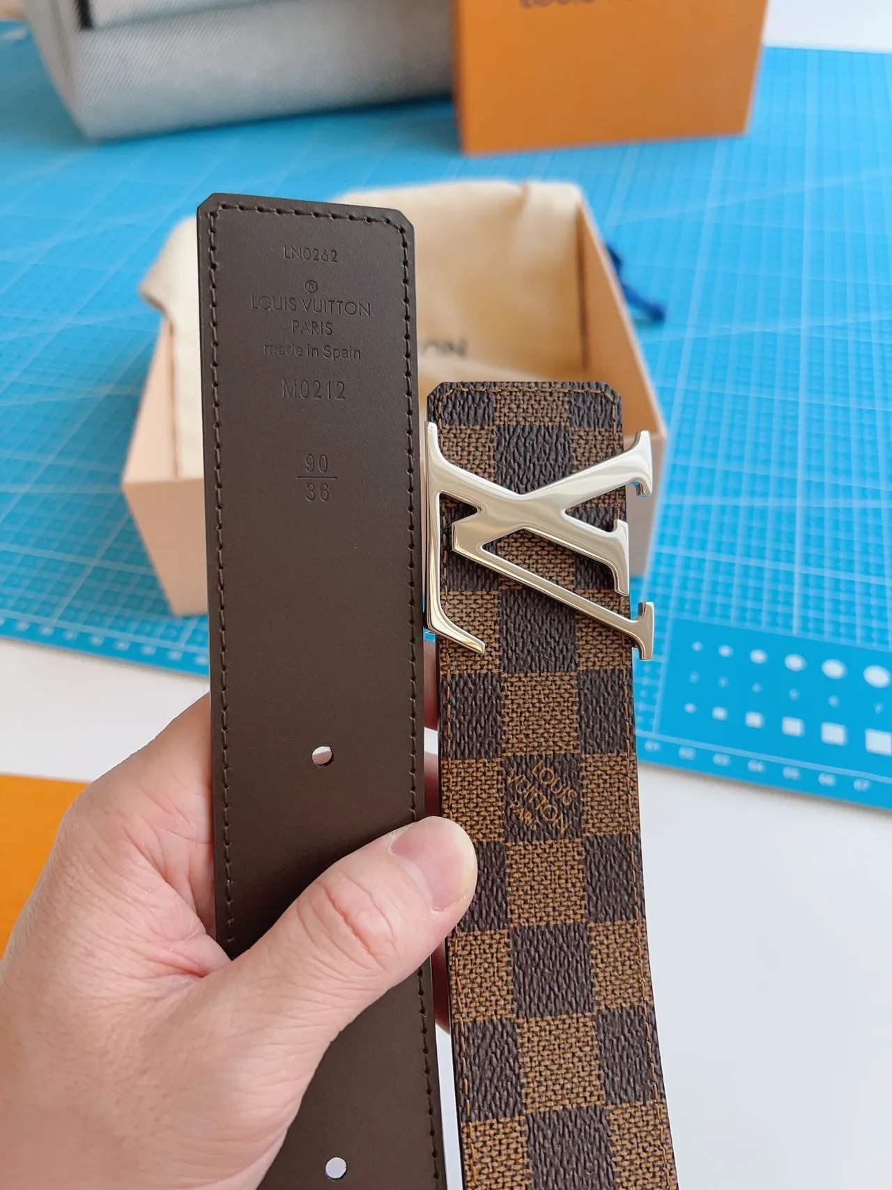 Louis Vuitton LV Initiales Belt Damier Canvas Brown Beige Leather Belt 6