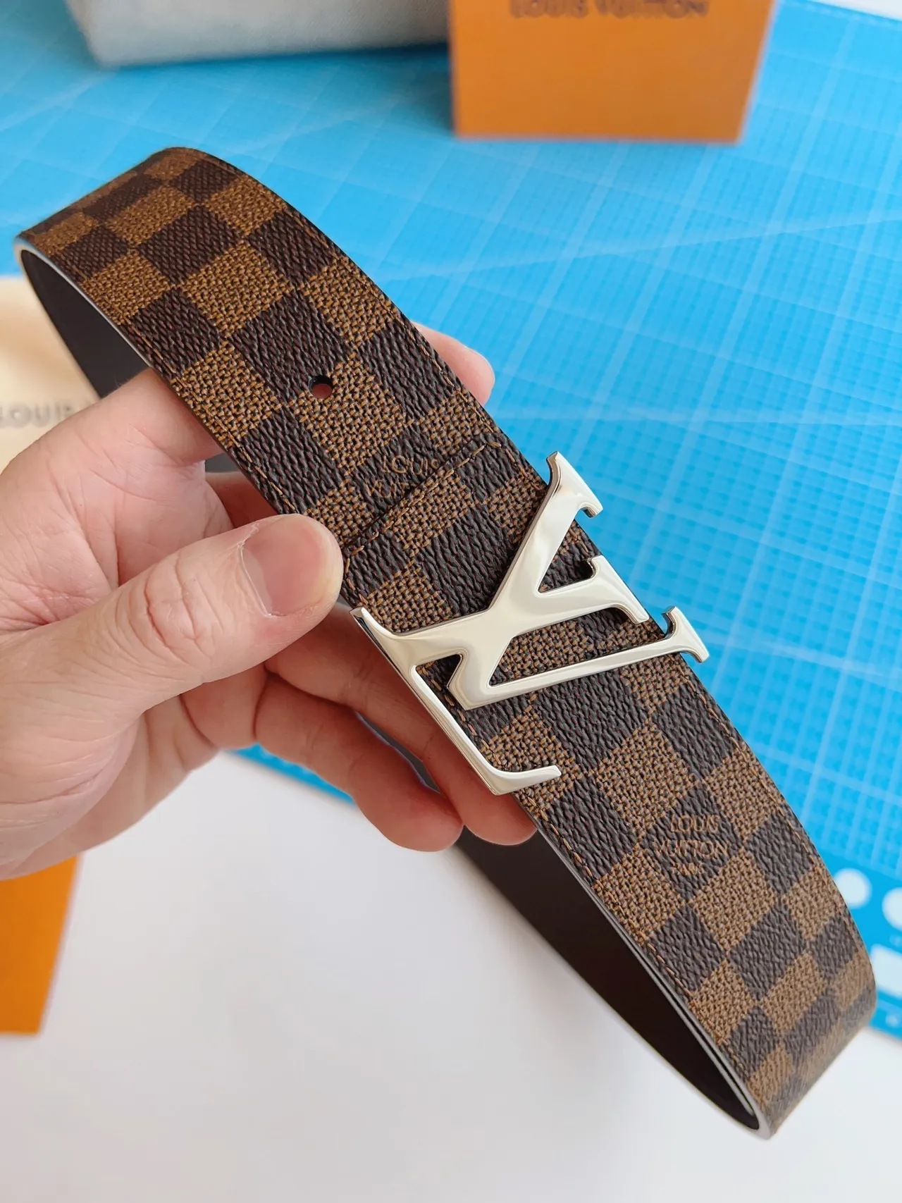 Louis Vuitton LV Initiales Belt Damier Canvas Brown Beige Leather Belt 7