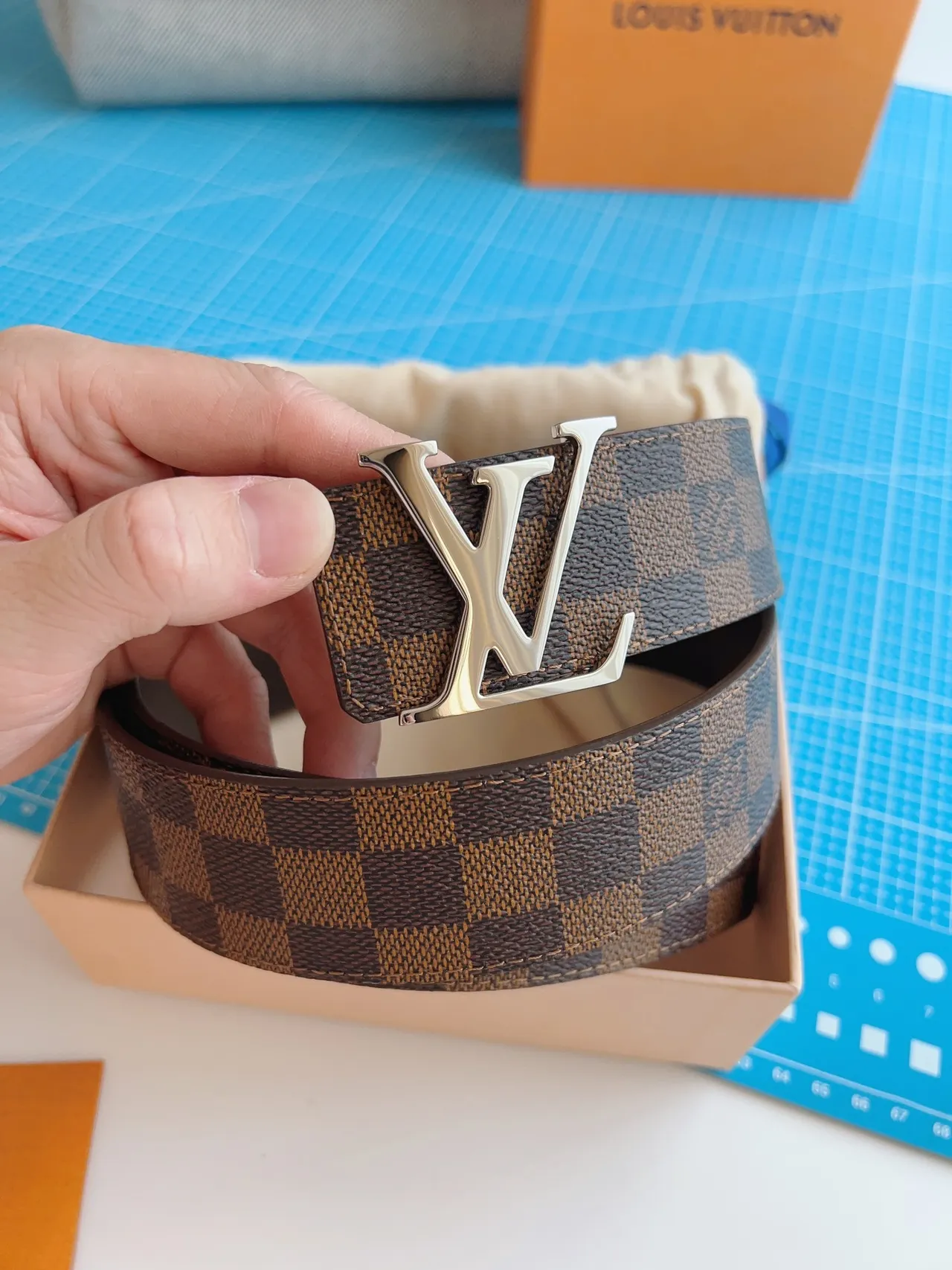 Louis Vuitton LV Initiales Belt Damier Canvas Brown Beige Leather Belt 8