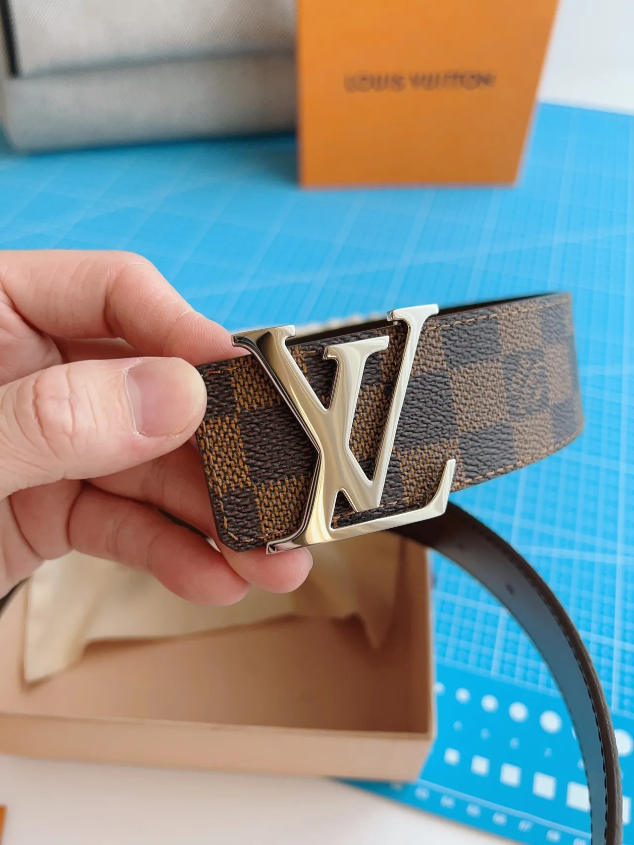 Louis Vuitton LV Initiales Belt Damier Canvas Brown Beige Leather Belt 9
