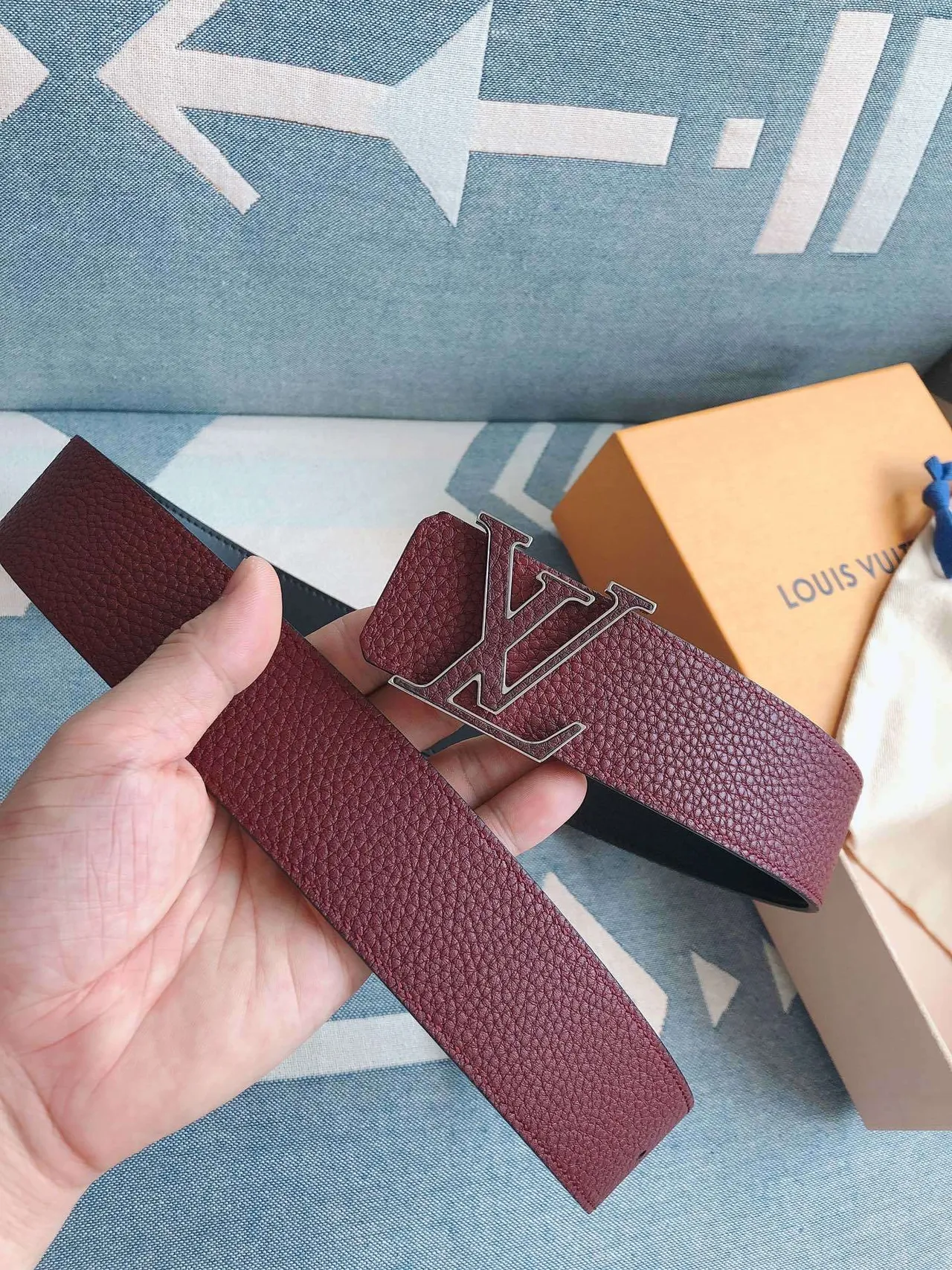 Louis Vuitton LV Initiales Burgundy Pebbled Leather Belt 3