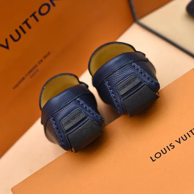 Louis Vuitton LV Loafer Navy Gold Pebbled Leather Metal Logo Strap Loafer 2
