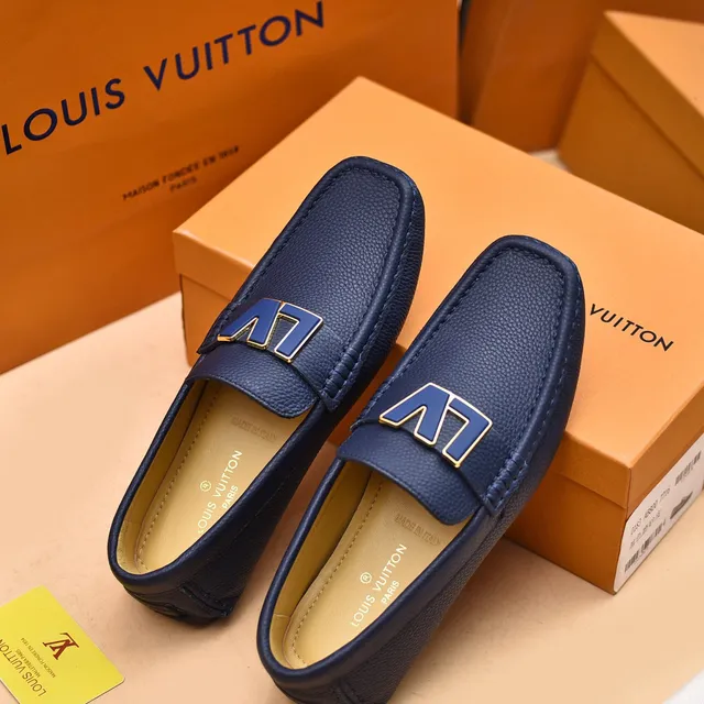Louis Vuitton LV Loafer Navy Gold Pebbled Leather Metal Logo Strap Loafer 3