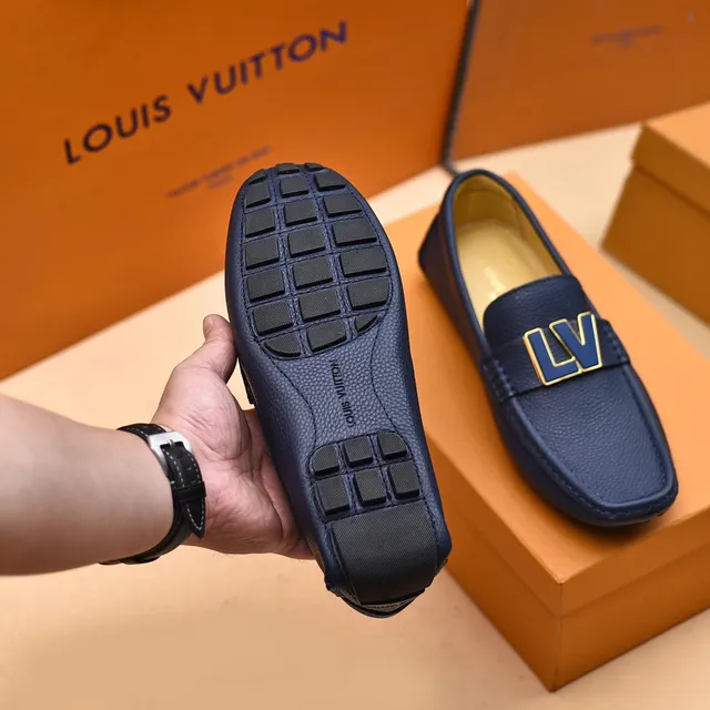 Louis Vuitton LV Loafer Navy Gold Pebbled Leather Metal Logo Strap Loafer 4
