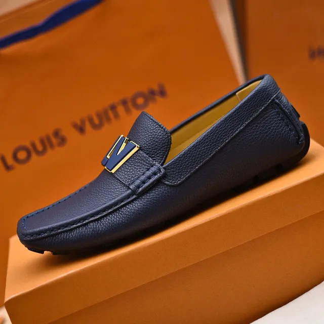 Louis Vuitton LV Loafer Navy Gold Pebbled Leather Metal Logo Strap Loafer 5
