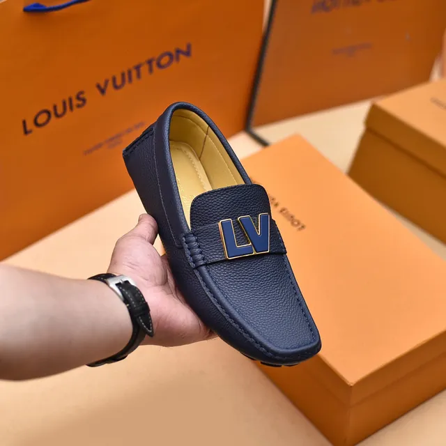 Louis Vuitton LV Loafer Navy Gold Pebbled Leather Metal Logo Strap Loafer 6