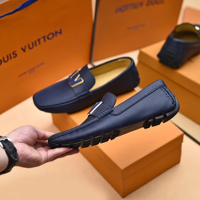 Louis Vuitton LV Loafer Navy Gold Pebbled Leather Metal Logo Strap Loafer 8