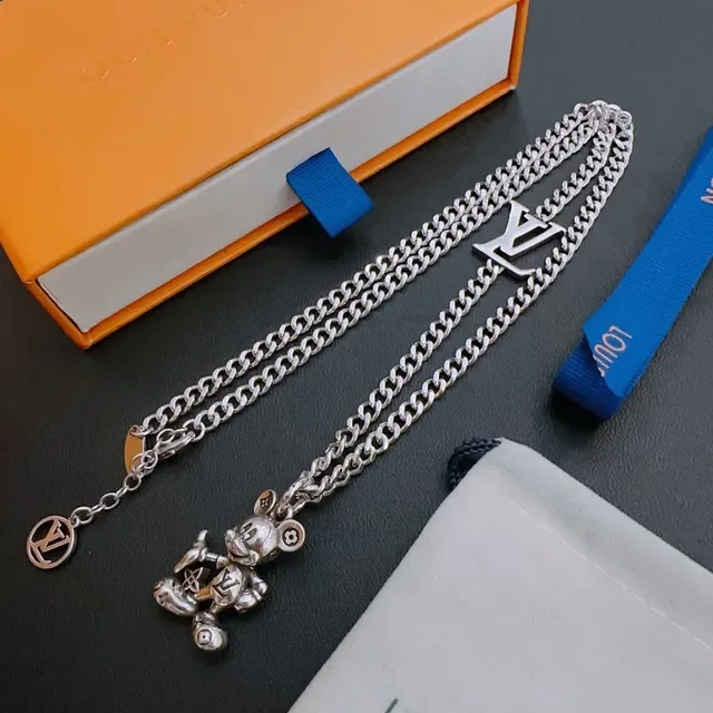 Louis Vuitton LV Monogram and Mickey Mouse Charm Silver Chain Necklace 3