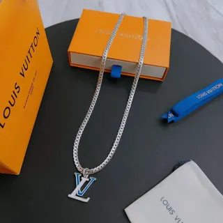Collar Louis Vuitton LV Monograma Colgante Cadena Curb Plata Azul Esmaltada