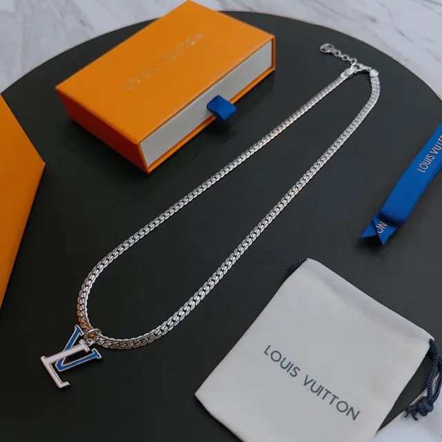 Louis Vuitton LV Monogram Pendant Silver Blue Curb Chain Enamel Necklace 3