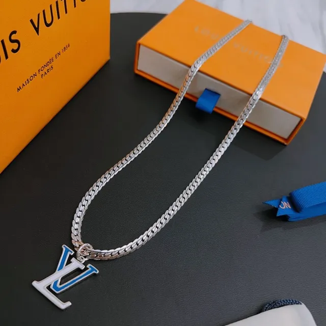 Louis Vuitton LV Monogram Pendant Silver Blue Curb Chain Enamel Necklace 5