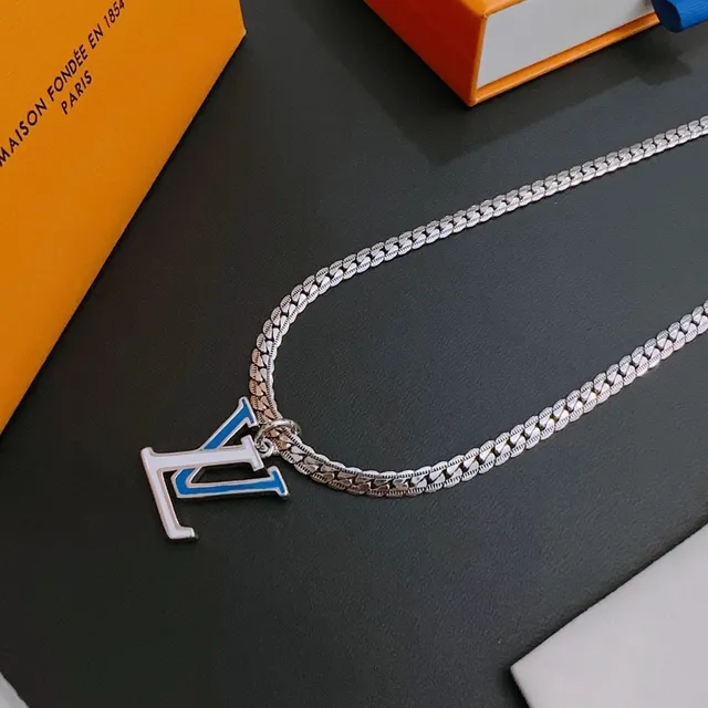 Louis Vuitton LV Monogram Pendant Silver Blue Curb Chain Enamel Necklace 6