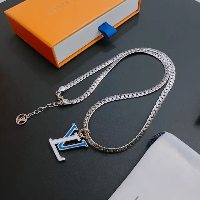 Louis Vuitton LV Monogram Pendant Silver Blue Curb Chain Enamel Necklace 8