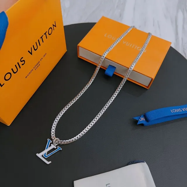 Louis Vuitton LV Monogram Pendant Silver Blue Curb Chain Enamel Necklace 9