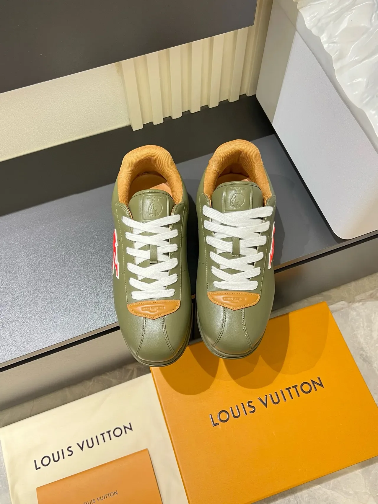 Louis Vuitton LV Trainer Army Green Beige Olive Leather Embroidered Logo Lifestyle Sneakers 2