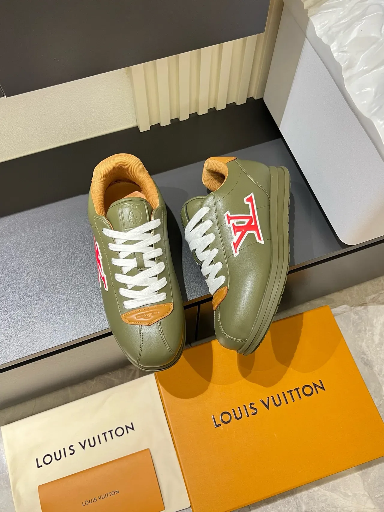 Louis Vuitton LV Trainer Army Green Beige Olive Leather Embroidered Logo Lifestyle Sneakers 4