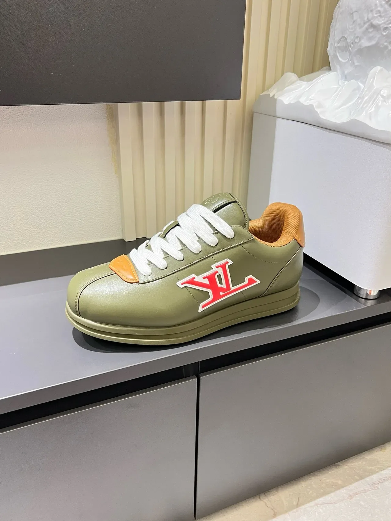 Louis Vuitton LV Trainer Army Green Beige Olive Leather Embroidered Logo Lifestyle Sneakers 5