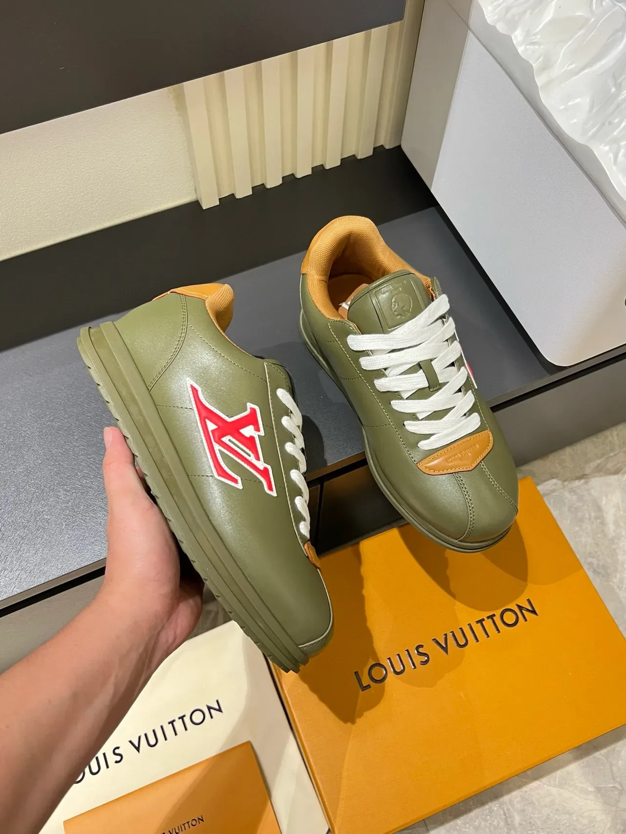 Louis Vuitton LV Trainer Army Green Beige Olive Leather Embroidered Logo Lifestyle Sneakers 6