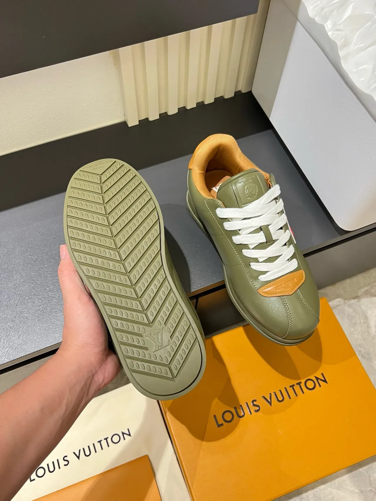 Louis Vuitton LV Trainer Army Green Beige Olive Leather Embroidered Logo Lifestyle Sneakers 7