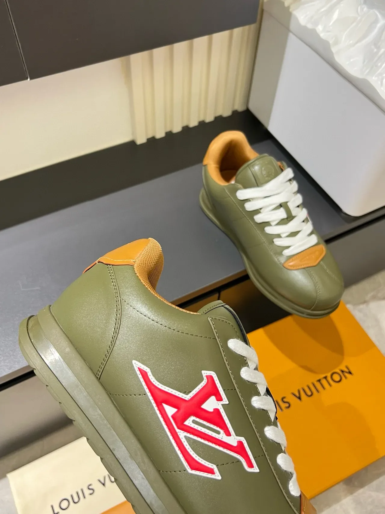 Louis Vuitton LV Trainer Army Green Beige Olive Leather Embroidered Logo Lifestyle Sneakers 8