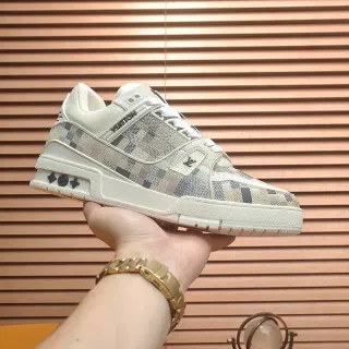 Louis Vuitton LV Trainer Beige Gray Monogram Canvas Upper Chunky Sculpted Sole Lifestyle Sneakers