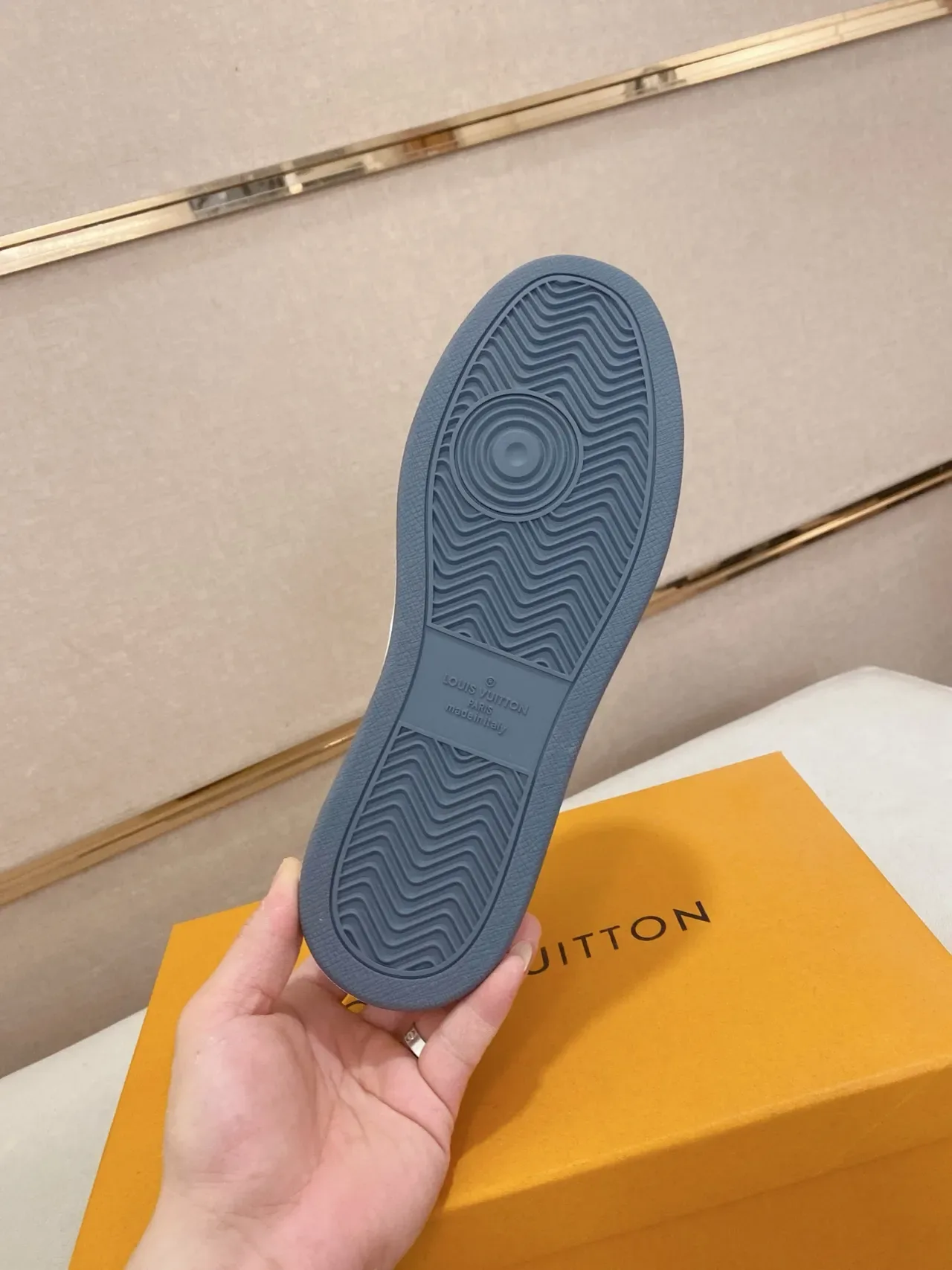 Louis Vuitton LV Trainer Beige Navy Perforated Diamond Grid Upper Contrast Heel Tab Lifestyle Sneakers 2