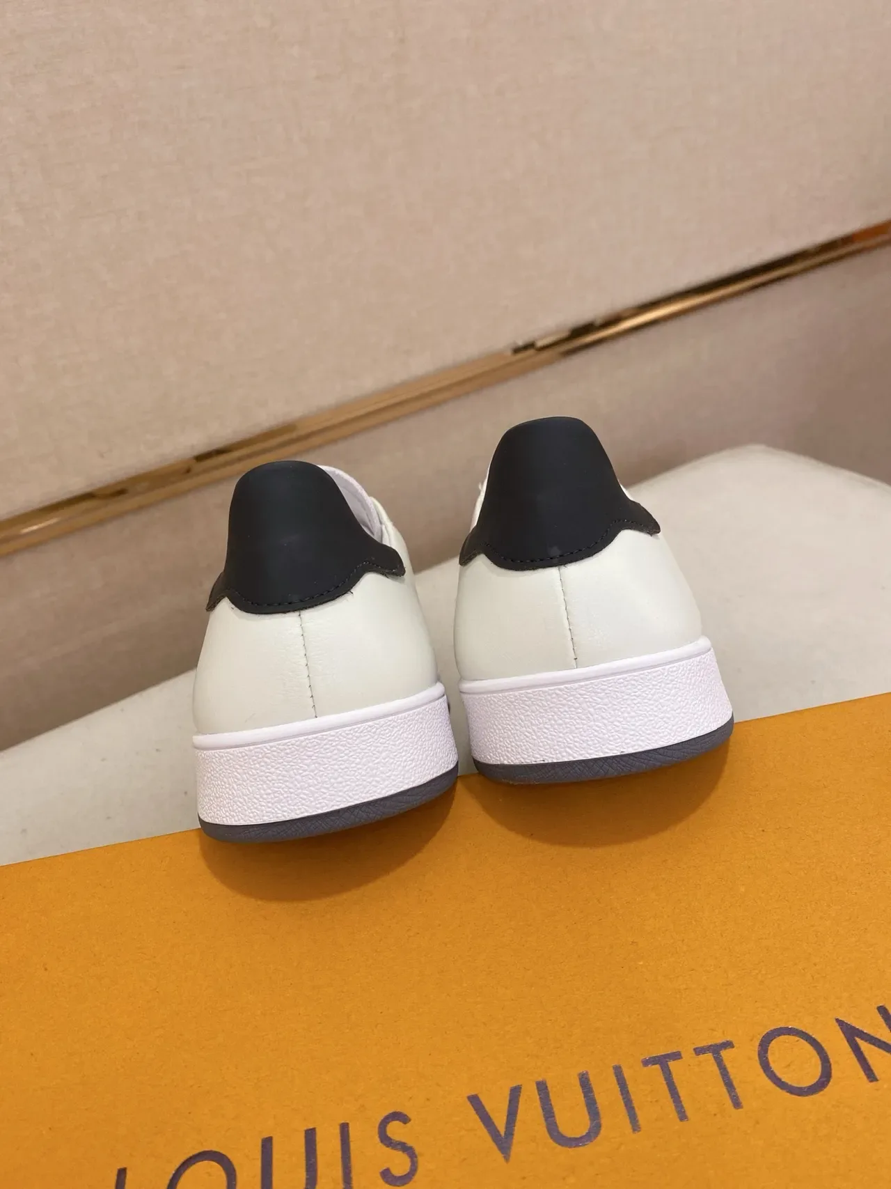 Louis Vuitton LV Trainer Beige Navy Perforated Diamond Grid Upper Contrast Heel Tab Lifestyle Sneakers 3