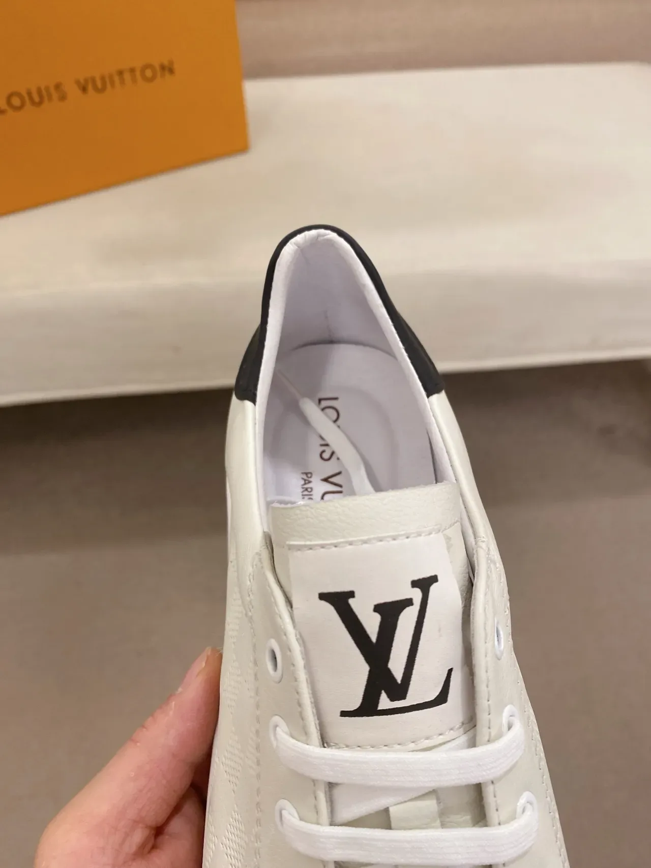 Louis Vuitton LV Trainer Beige Navy Perforated Diamond Grid Upper Contrast Heel Tab Lifestyle Sneakers 4