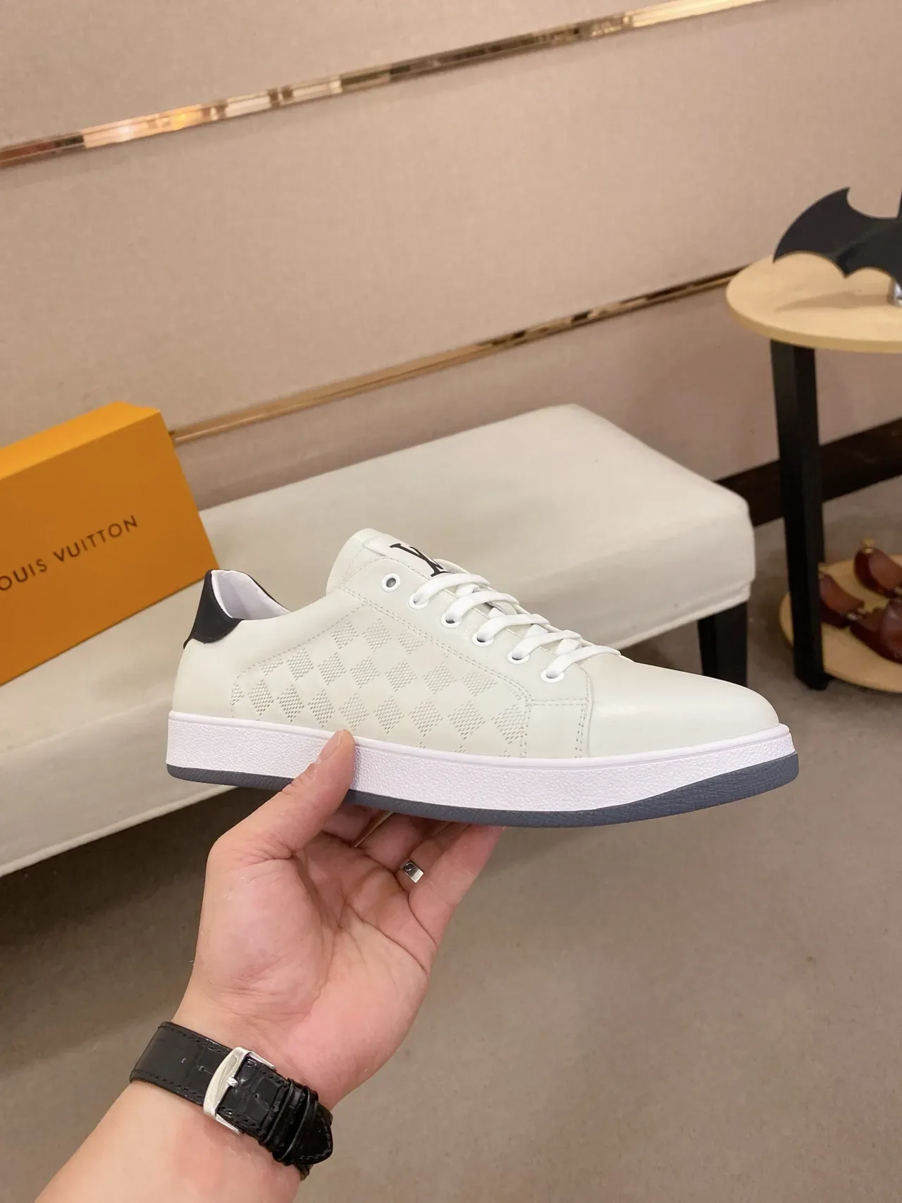 Louis Vuitton LV Trainer Beige Navy Perforated Diamond Grid Upper Contrast Heel Tab Lifestyle Sneakers 5