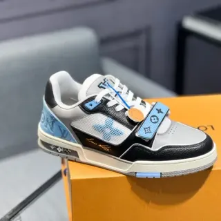 Louis Vuitton LV Trainer Black Blue Mixed-Material Upper Monogrammed Strap Lifestyle Sneakers