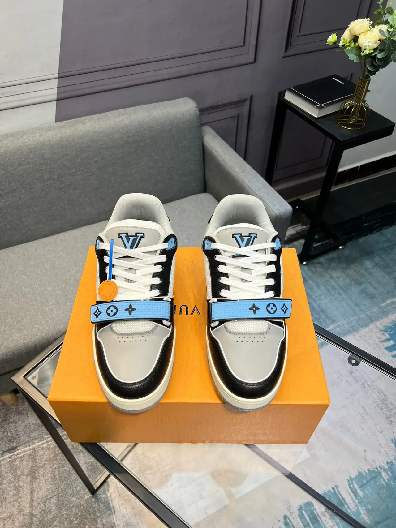 Louis Vuitton LV Trainer Black Blue Mixed-Material Upper Monogrammed Strap Lifestyle Sneakers 2